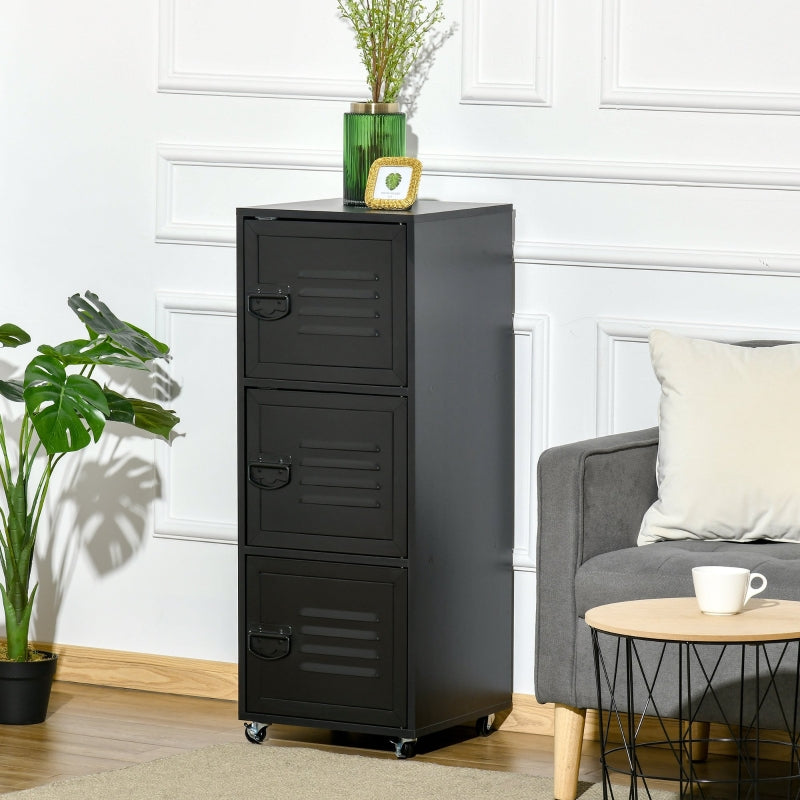 Black 3-Tier Rolling Metal Storage Cabinet with Wheels