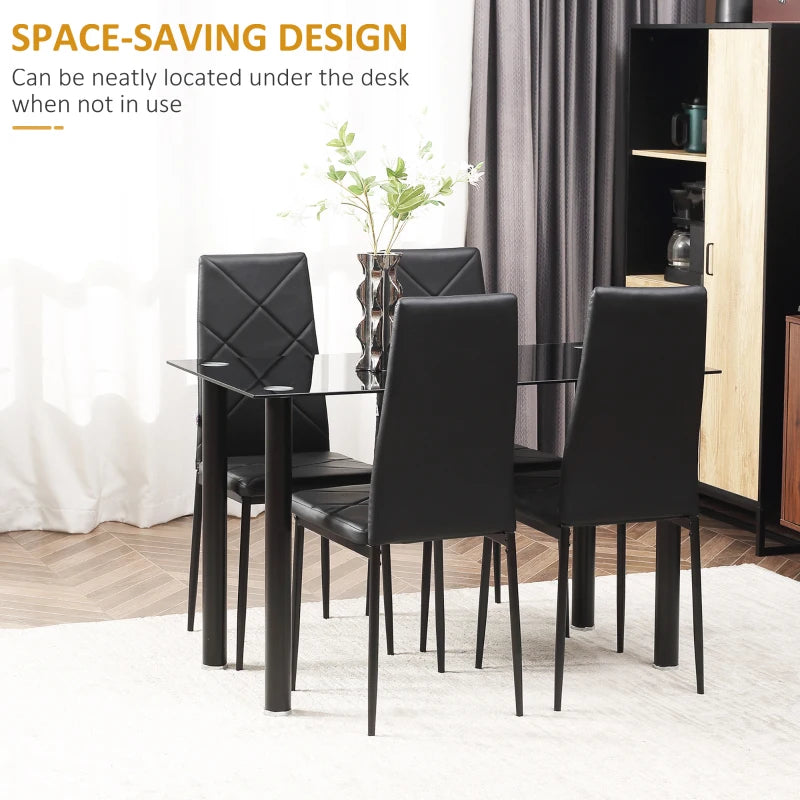 Black 4-Seater Dining Set with Glass Tabletop and Steel Frame