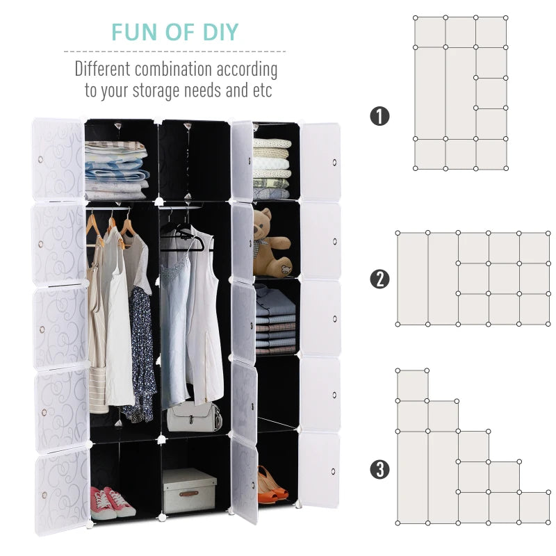 Modular 15-Cube Bedroom Wardrobe with Hanging Rail, White and Black