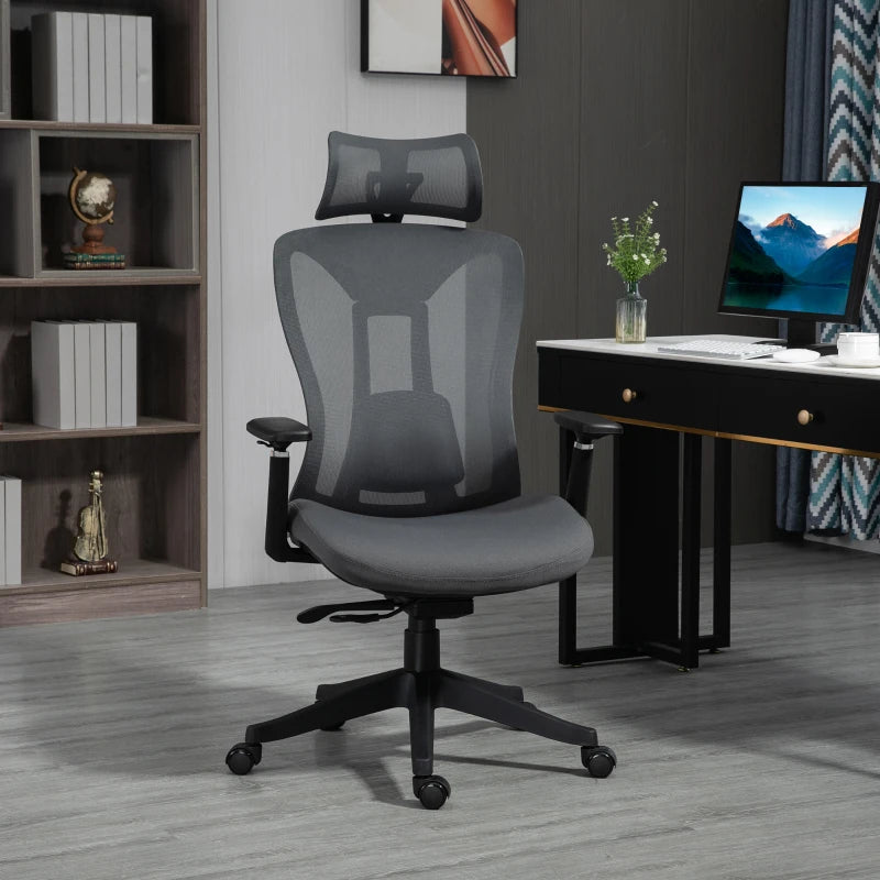 Grey Ergonomic Mesh Office Chair with Adjustable Headrest and Lumbar Support