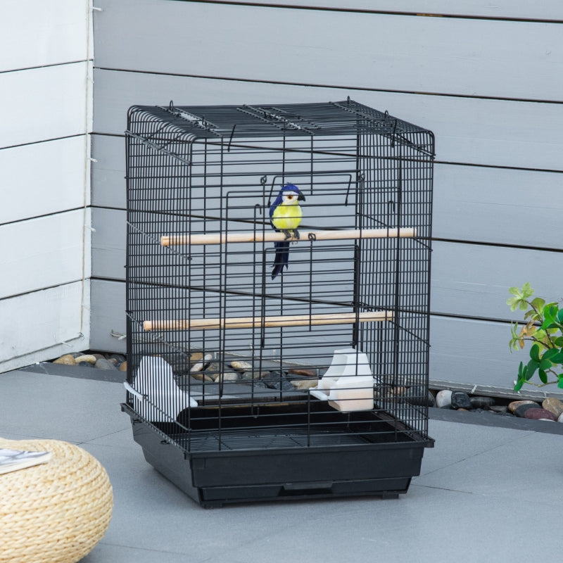 Black Steel Bird Cage with Open Top, Stand, Tray, Handles, Bowls - Parakeet, Finch