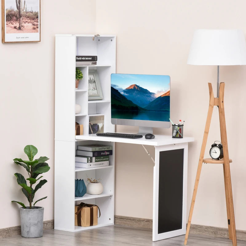 White Wall-Mounted Convertible Writing Desk with Blackboard and Shelf