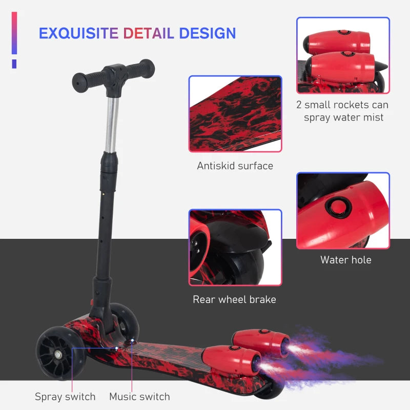 Red Kids 3-Wheel Adjustable Height Kick Scooter with Flashing Wheels and Music