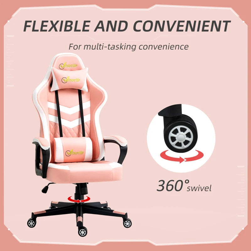 Pink Gaming Chair with Lumbar Support and Swivel Wheels