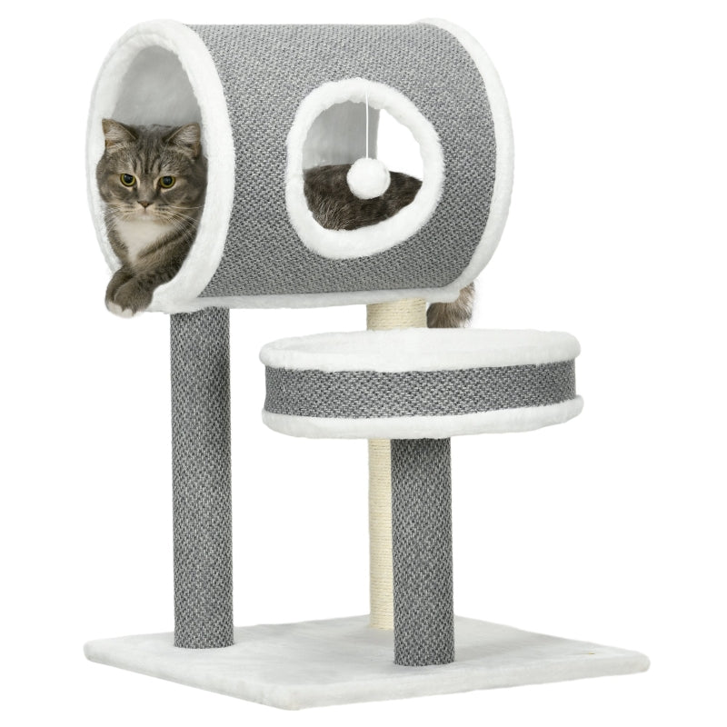 Cat Tree with Scratching Post and Toy Ball - White, 48 x 48 x 73cm