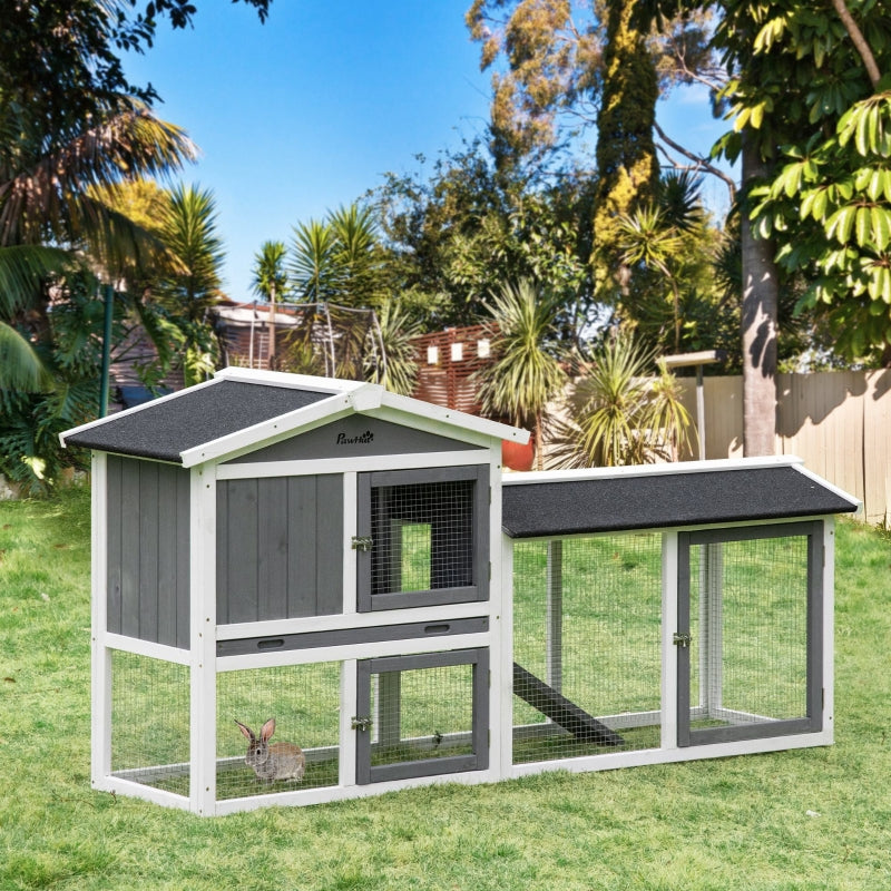 White 2-Tier Outdoor Rabbit Hutch with Run Box, Slide-out Tray, Ramp - 175.8 x 52 x 85.5 cm