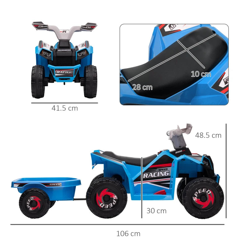 Blue 6V Quad Bike with Back Trailer for Toddlers 18-36 Months