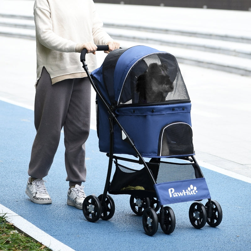 Dark Blue Pet Stroller with Large Carriage and Storage Bag