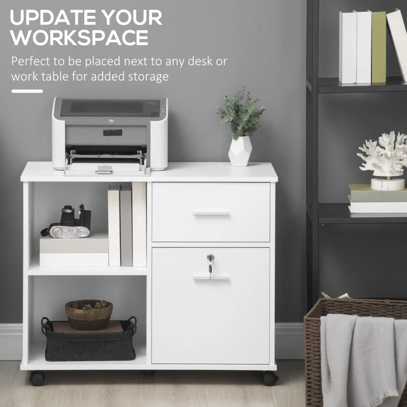 White Mobile Filing Cabinet with Lockable Drawer and Shelves