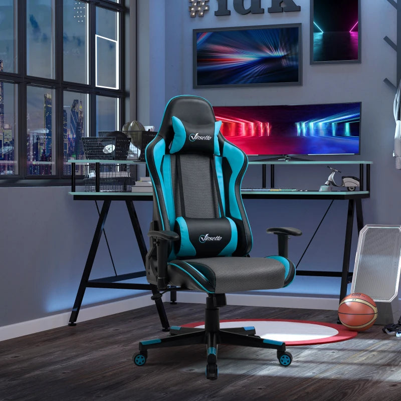 Sky Blue Racing Style Gaming Chair with Headrest and Lumbar Support