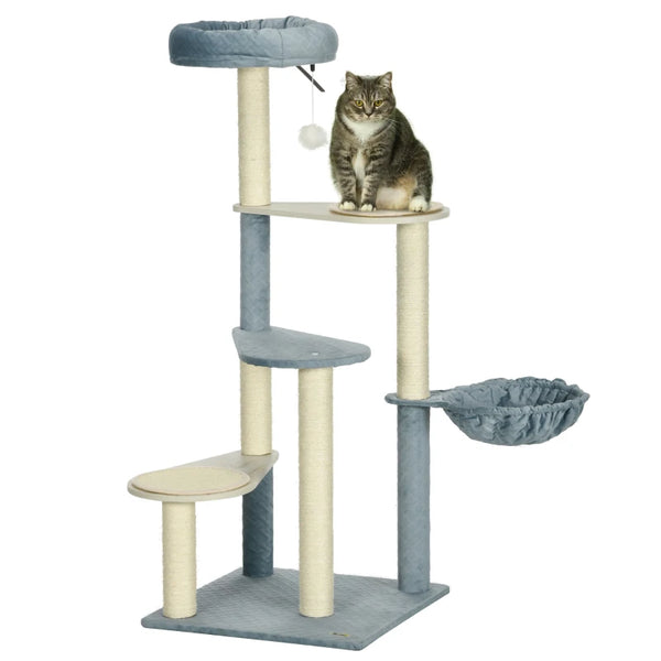 Cat Tree Tower with Scratching Posts, Mats, Hammock, Bed, Toy Ball - Grey