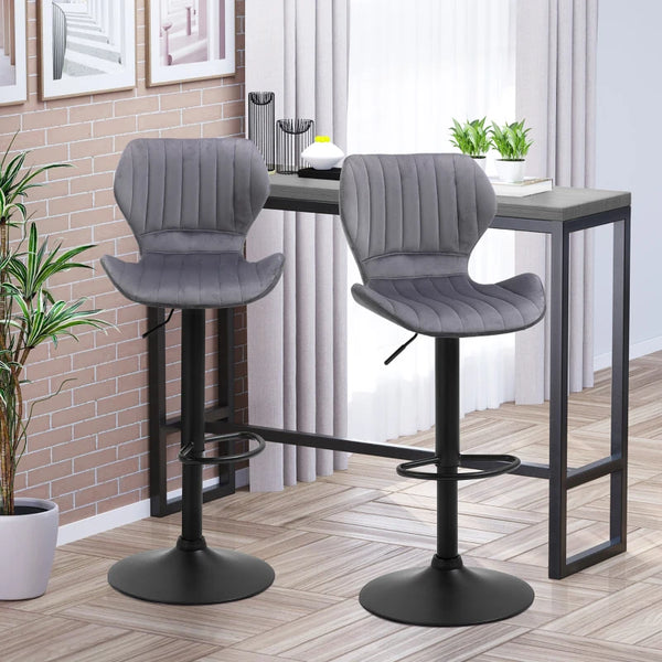 Grey Velvet Swivel Bar Stool Set of 2 - Adjustable Height Counter Chairs with Footrest