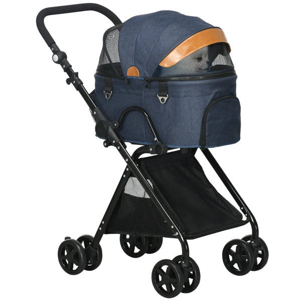 Blue Pet Stroller with Canopy and Storage Basket