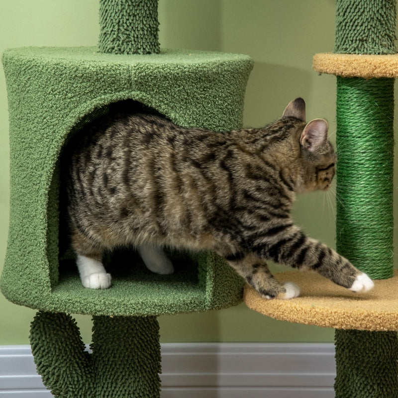 Green Cactus Cat Tree with Teddy Fleece House & Scratching Posts