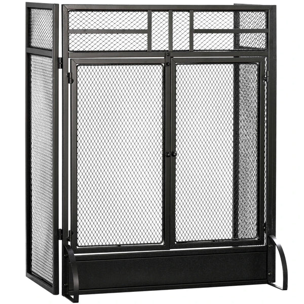 Black 3-Panel Freestanding Fireplace Screen with Door