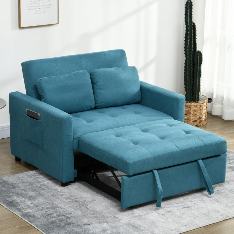 Blue Convertible Loveseat Sofa Bed with Cushions and Side Pockets