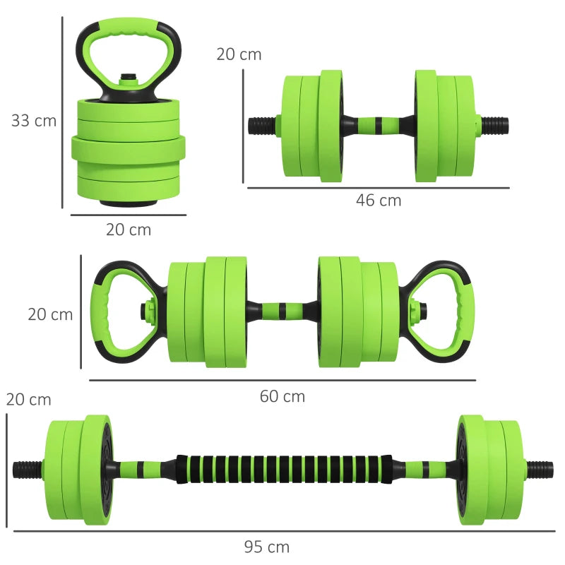 20kg Green Adjustable Weight Dumbbells Set with Barbell, Kettlebell & Push Up Stand