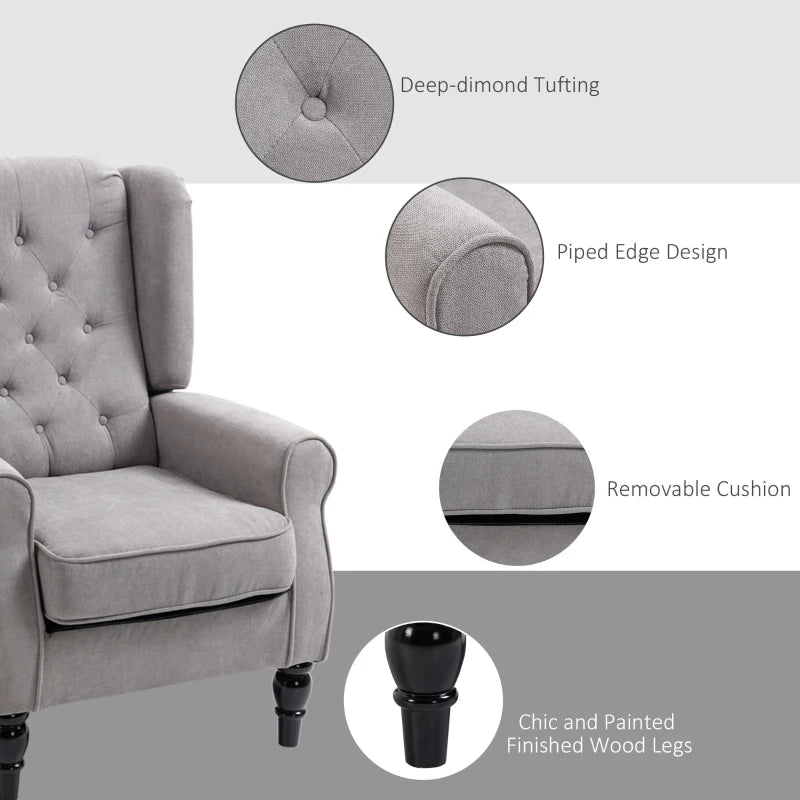 Grey Wingback Armchair with Button Tufted Design