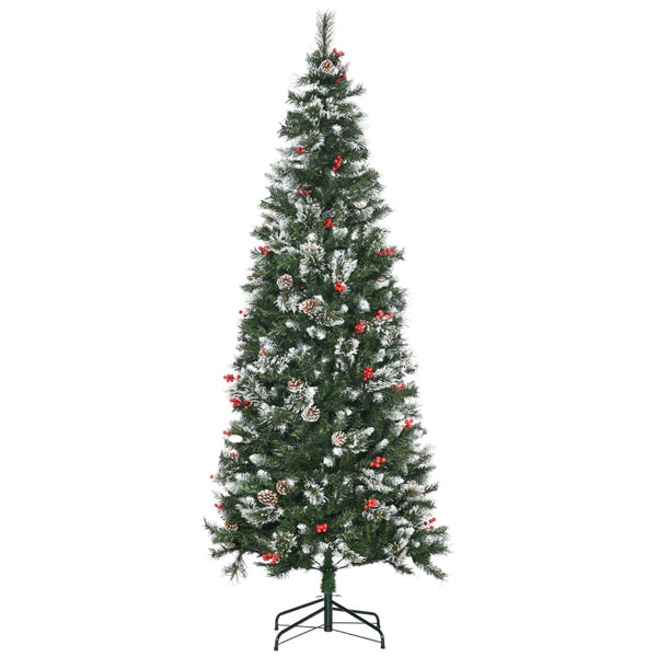 7 Ft Snow Dipped Slim Pencil Christmas Tree with Realistic Branches, Pine Cones, Red Berries - Green