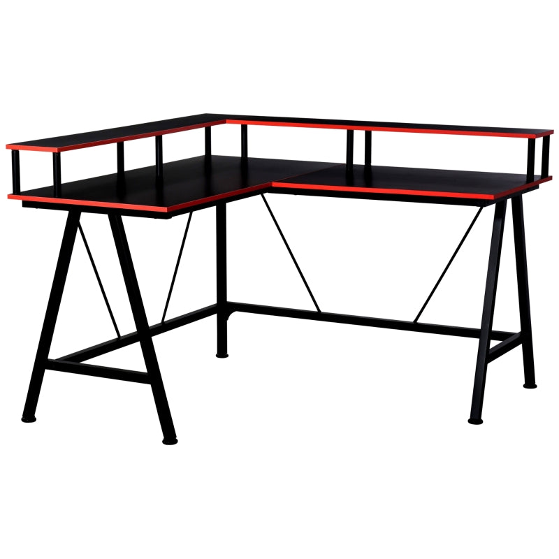 Black and Red L-Shaped Gaming Desk with Monitor Stand