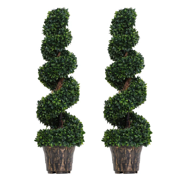 Set of 2 Green Artificial Boxwood Spiral Topiary Trees 120cm