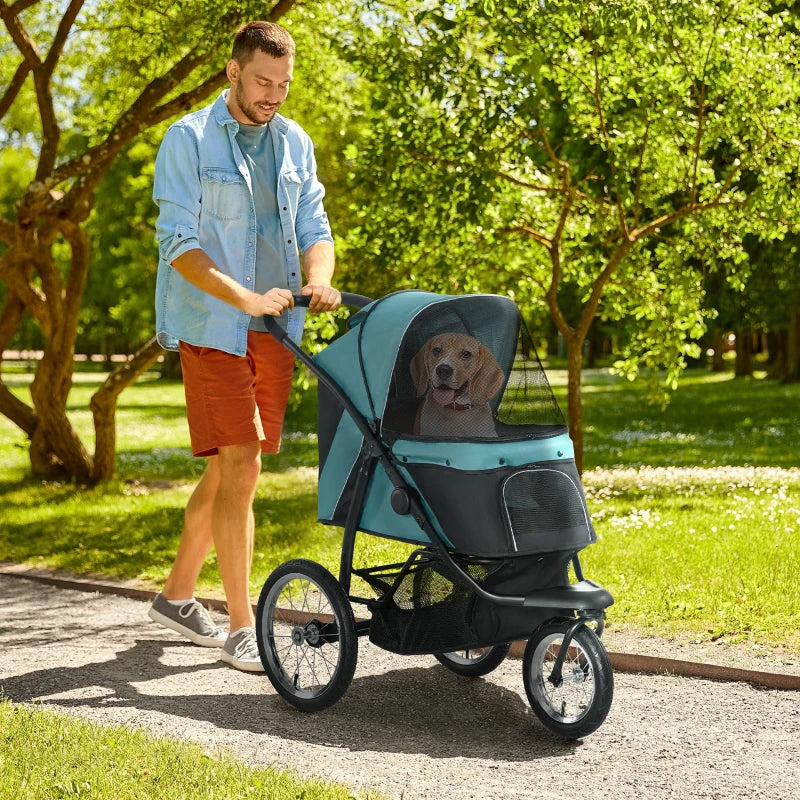 Green Foldable Pet Stroller with Canopy for Small and Medium Dogs