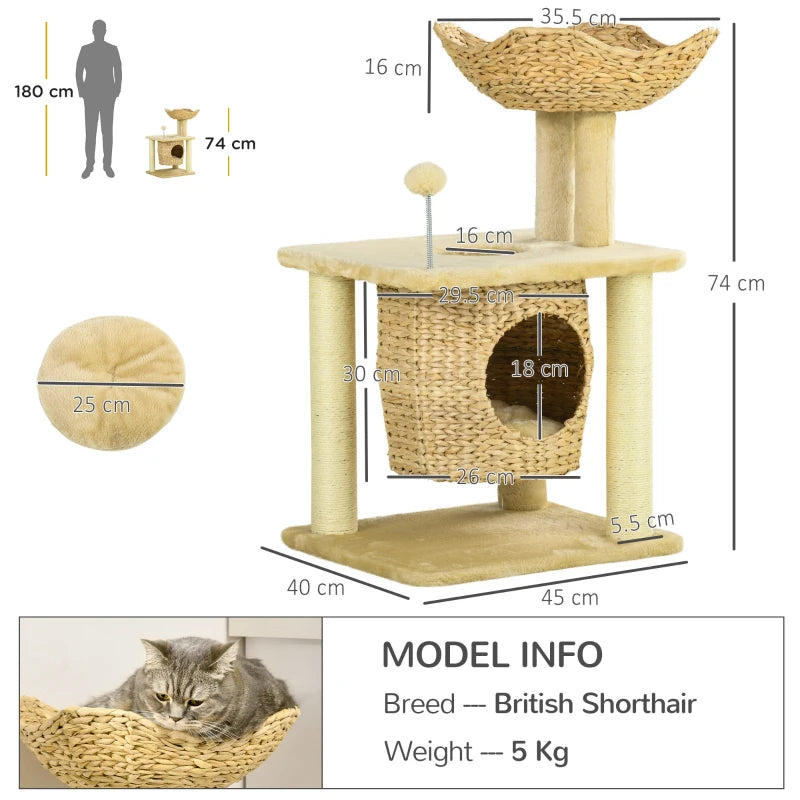 Beige Cat Tree with Scratching Posts, House, Bed & Toy Ball