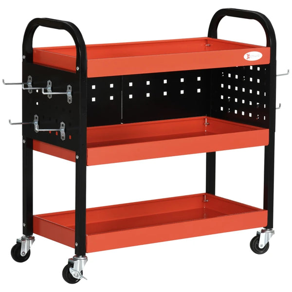 Red 3 Tier Tool Cart Storage Trolley with 10 Hooks - 100 kg Capacity