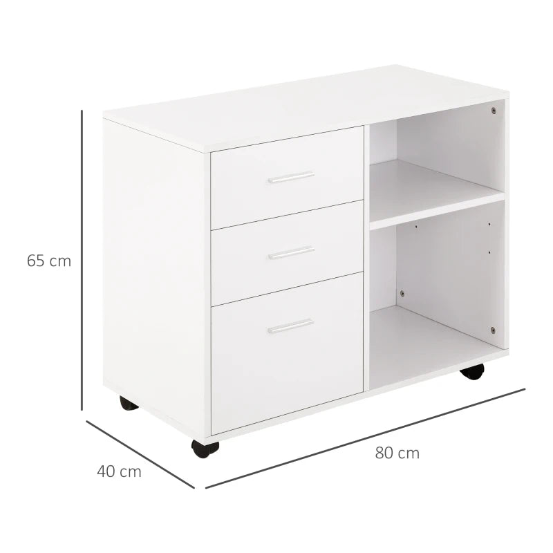 White Printer Stand with Wheels, 3 Drawers, 2 Shelves - Modern Office Storage Unit