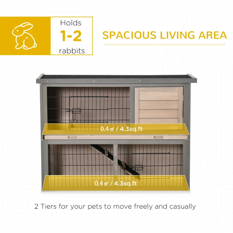 Brown 2 Tier Wooden Rabbit Hutch Guinea Pig House with Ramp and Outdoor Run - Small Animal Cage