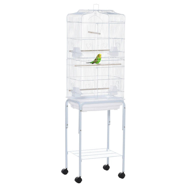 White Bird Cage with Stand and Accessories, 46.5 x 36 x 157 cm