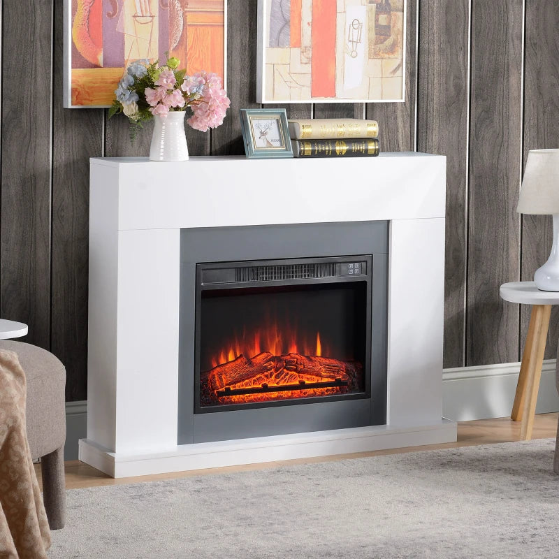 White Electric Fireplace Heater with Remote Control - 2000W, LED Flame Effect