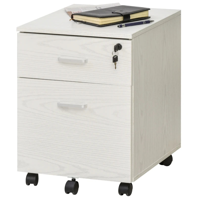 White Wood Grain 2-Drawer Locking Filing Cabinet with Wheels