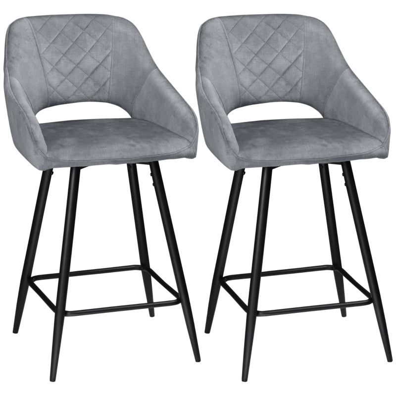 Grey Velvet Counter Height Bar Stools Set of 2 with Steel Legs