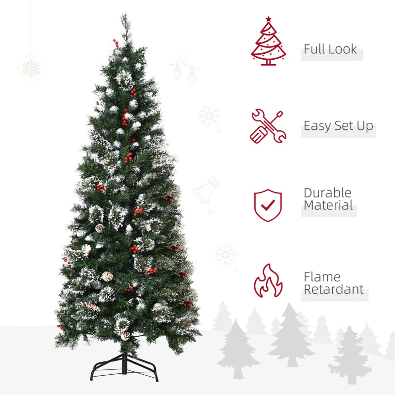 6 Ft Snow Dipped Slim Pencil Christmas Tree with Pine Cones & Berries, Green