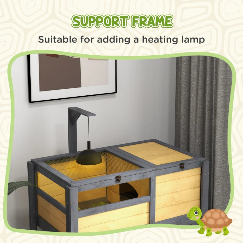 Wooden Tortoise Habitat with Shelter, Run, Shelf, Lamp Holder, Tray - Natural Wood