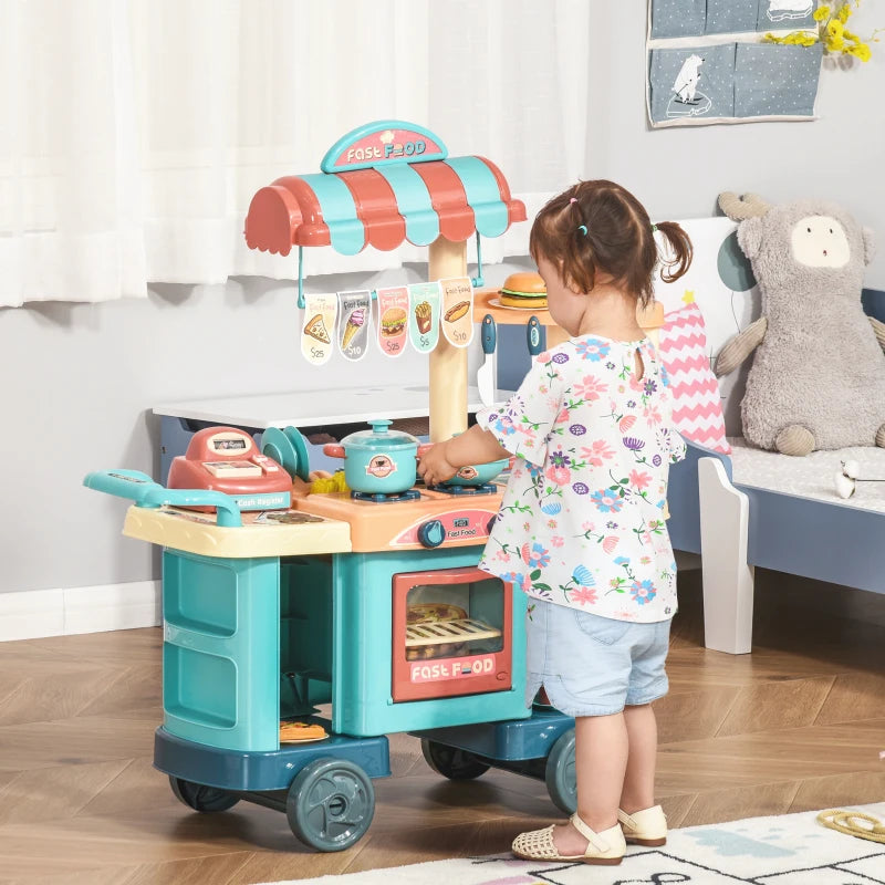 Kids Fast Food Trolley Cart Playset - Blue Pretend Play Kitchen Set