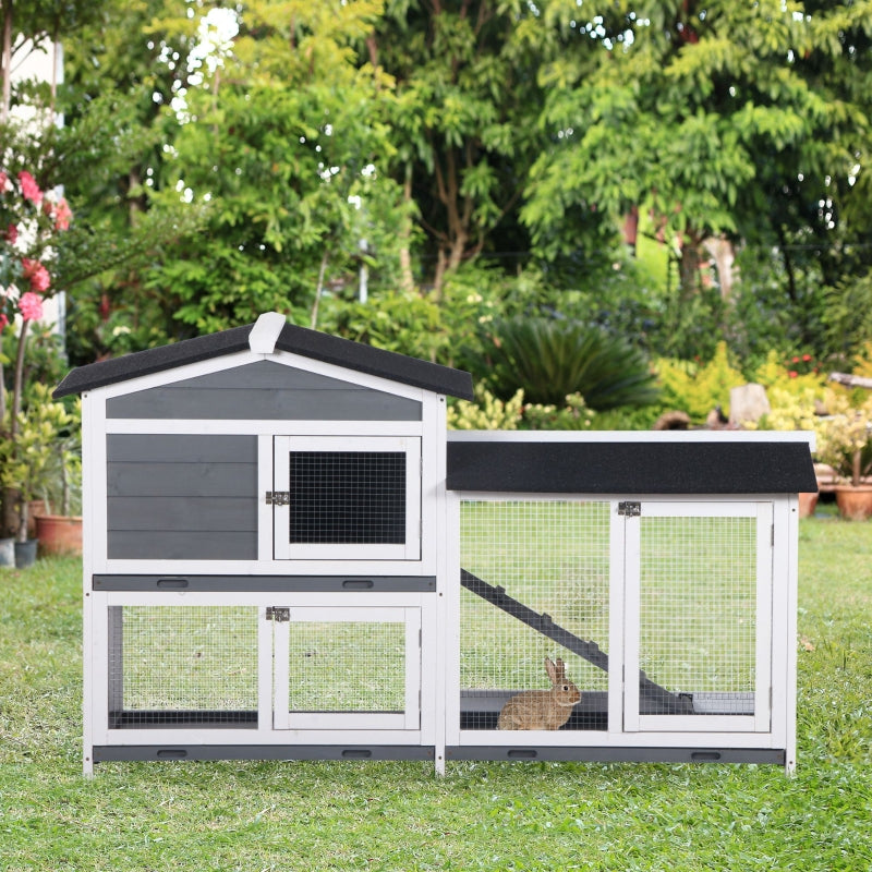 Grey 2-Tier Wooden Rabbit Hutch with Tray Ramp