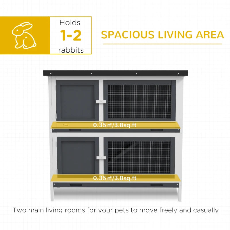 Grey 2 Tier Outdoor Rabbit Hutch with Sliding Tray, 100 x 47 x 91cm