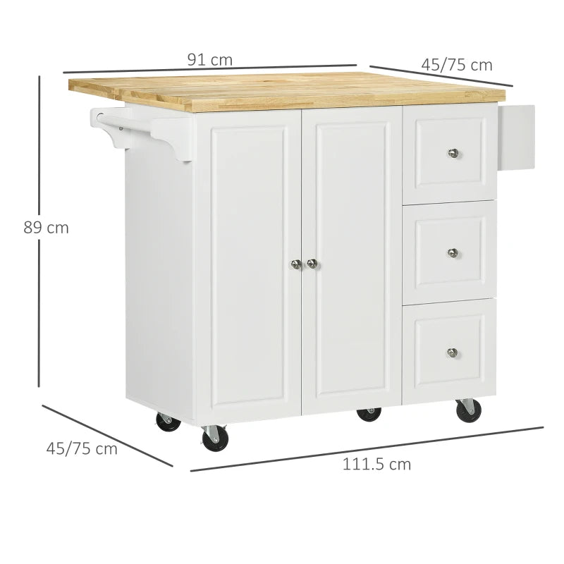 White Drop-Leaf Kitchen Island Cart with Drawers & Cabinet