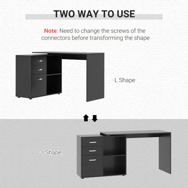 Black L-Shaped Corner Desk with Drawers and Storage Shelves