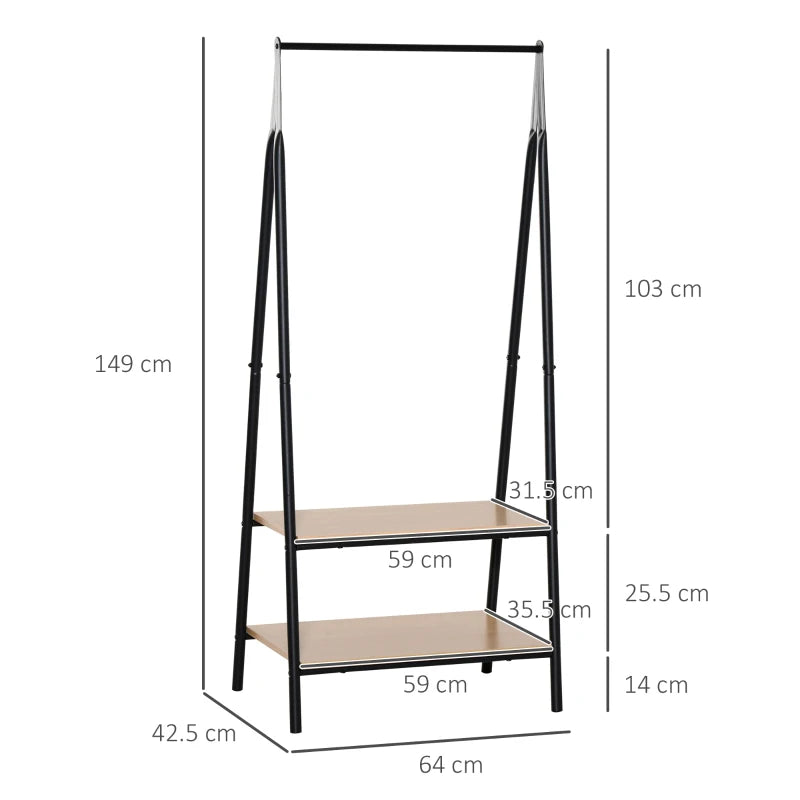 Black Metal Clothes Rack with 2 Tier Shelves, 64 x 42.5 x 149 cm