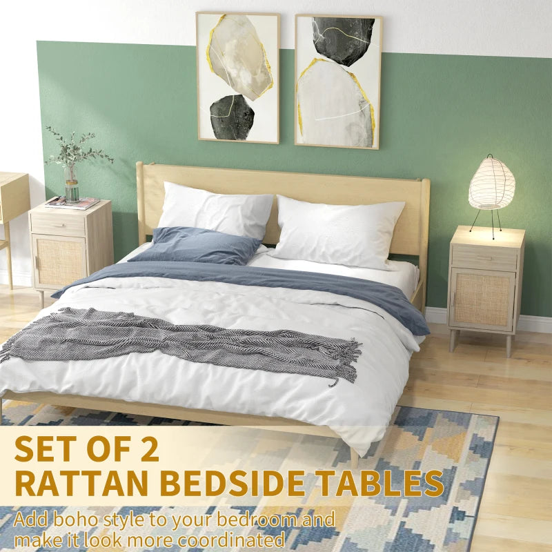 Rattan Boho Bedside Tables Set of 2, Natural Wood Effect