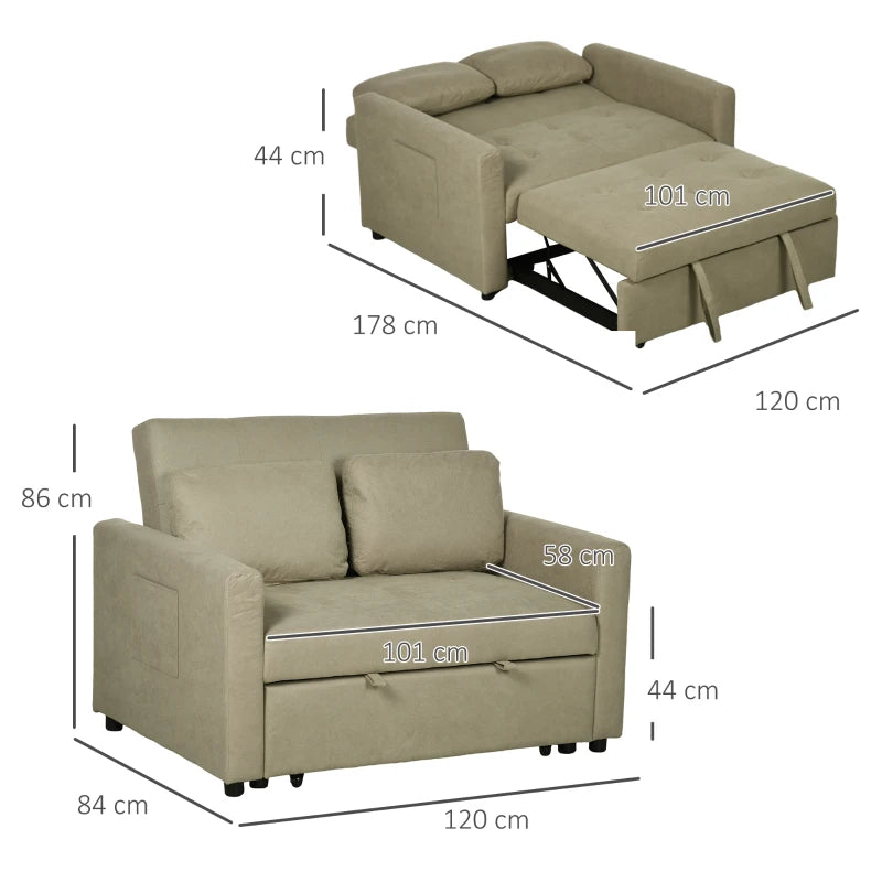 Convertible Loveseat Sofa Bed with Side Pockets, Light Brown