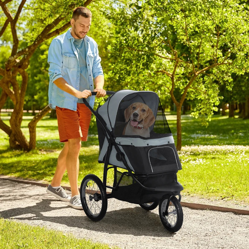 Grey Pet Stroller for Medium & Small Dogs - Foldable Jogger with Adjustable Canopy & Washable Cushion