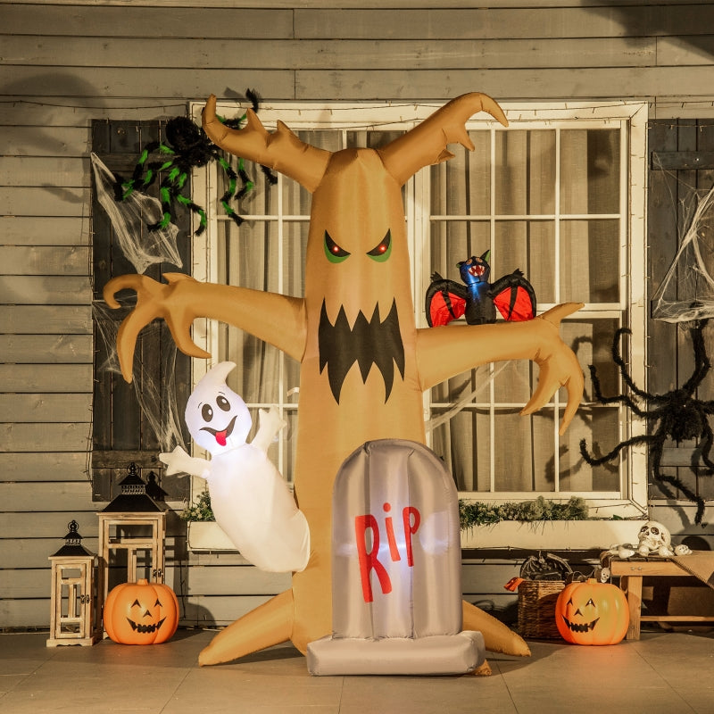 8ft Inflatable Halloween Ghost Tree with White Ghost and Tombstone, Outdoor LED Display - Spooky Decor for Lawn & Garden