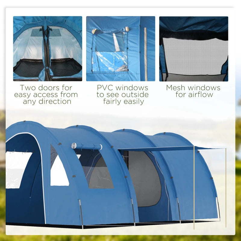 6-Person Blue Tunnel Camping Tent with Two Rooms and Carry Bag