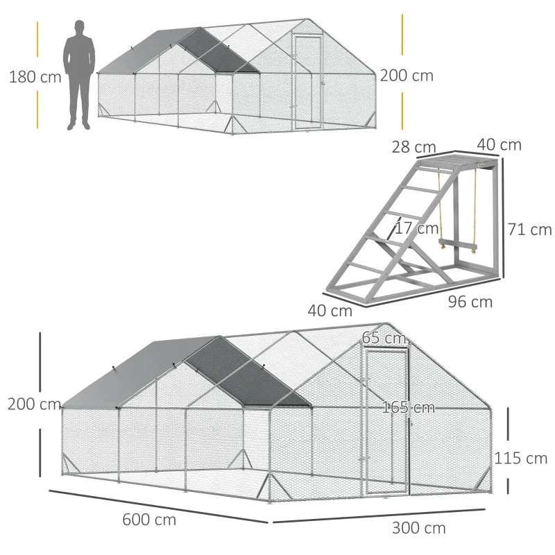 Galvanised Steel Chicken Run with Activity Shelf and Cover, 3x6x2m, Grey