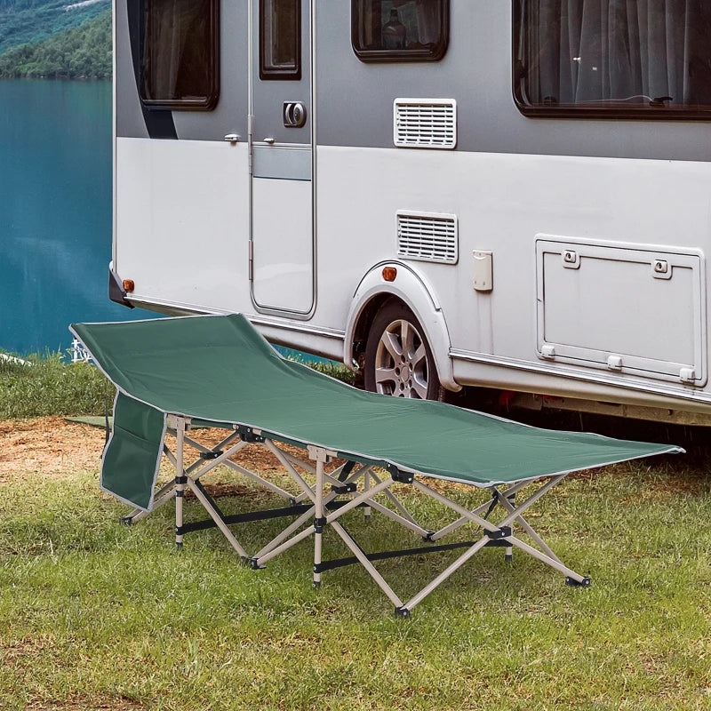 Green Portable Folding Camping Cot with Side Pocket and Carry Bag