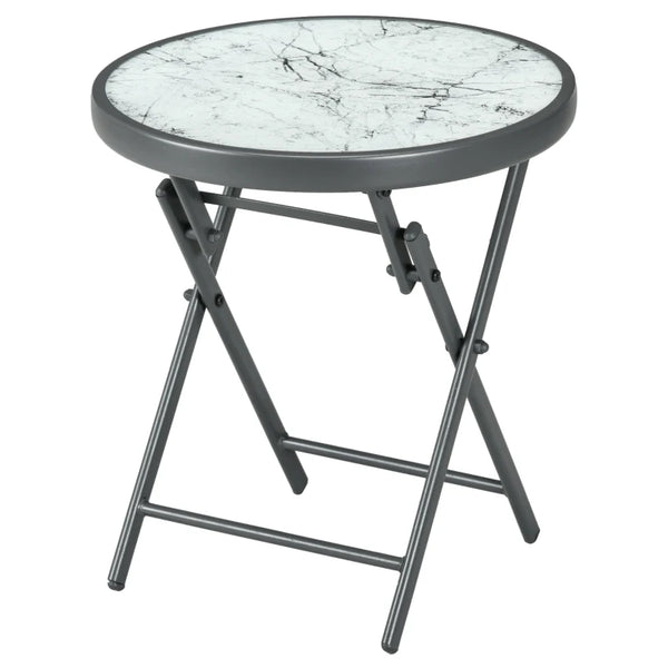 White Round Outdoor Folding Patio Table with Imitation Marble Glass Top